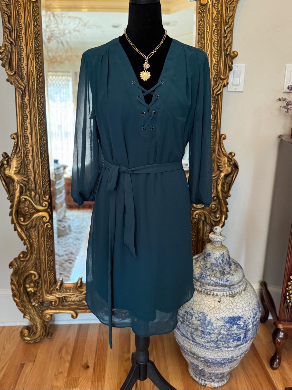 Iz Byer Teal Lace-Up Belted Chiffon Midi Dress